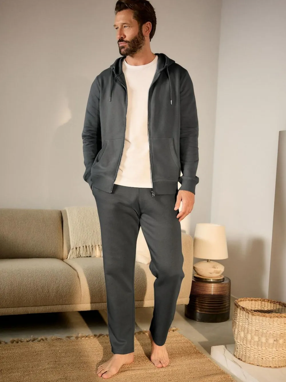 Online Next Charcoal Grey Brushback Heavyweight Open Joggers