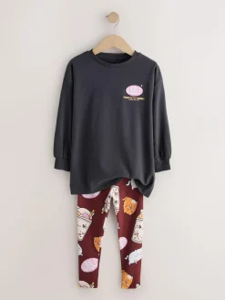 Next Charcoal Grey Bubble Tea Graphic Print Top and Leggings Set (3-16yrs)^ Nightwear|T-Shirts