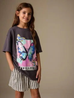 Next Charcoal Grey Butterfly Sequin Oversized T-Shirt (3-16yrs)^ Nightwear|Tops