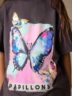 Next Charcoal Grey Butterfly Sequin Oversized T-Shirt (3-16yrs)^ Nightwear|Tops
