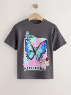 Next Charcoal Grey Butterfly Sequin Oversized T-Shirt (3-16yrs)^ Nightwear|Tops