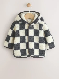 Sale Next Hooded Baby Borg Jacket (0-18mths) Charcoal Grey Checkerboard