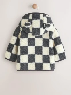 Sale Next Hooded Baby Borg Jacket (0-18mths) Charcoal Grey Checkerboard