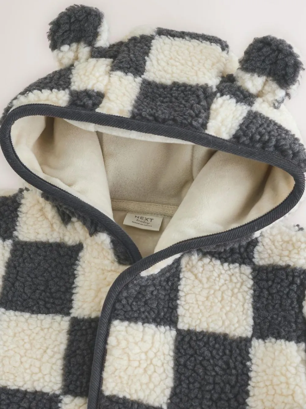 Sale Next Hooded Baby Borg Jacket (0-18mths) Charcoal Grey Checkerboard