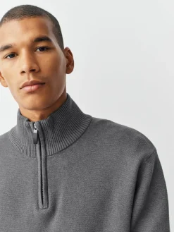 Next Charcoal Grey Plain N.Premium Regular Fit 100% Cotton Premium Quarter Zip Jumper^ Knitwear|Knitwear