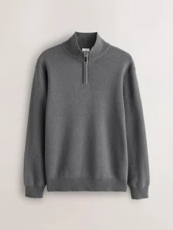 Next Charcoal Grey Plain N.Premium Regular Fit 100% Cotton Premium Quarter Zip Jumper^ Knitwear|Knitwear