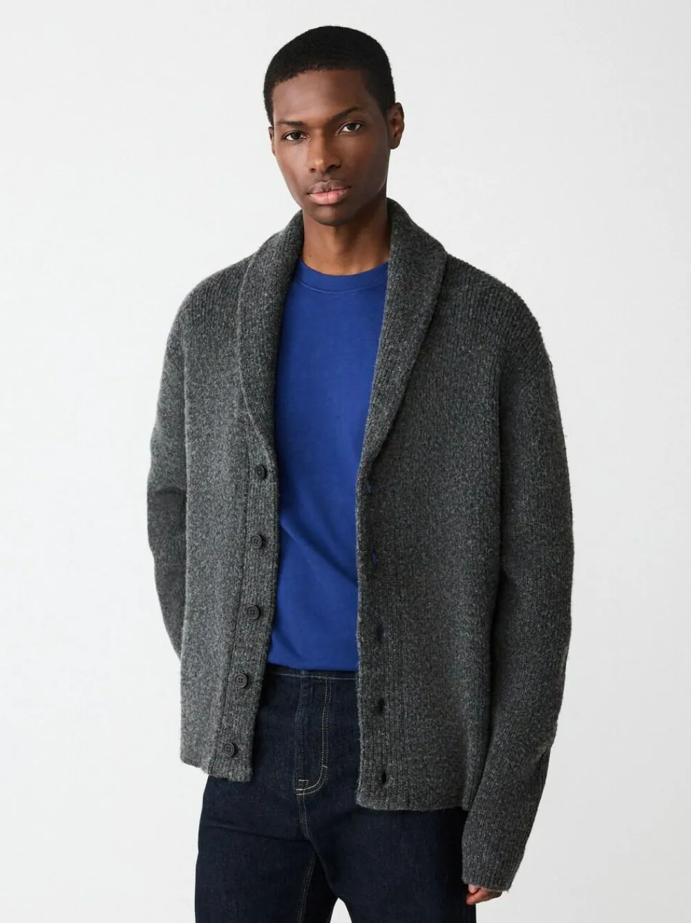 Best Next Charcoal Grey Relaxed Fit Textured Knit Shawl Cardigan with Wool