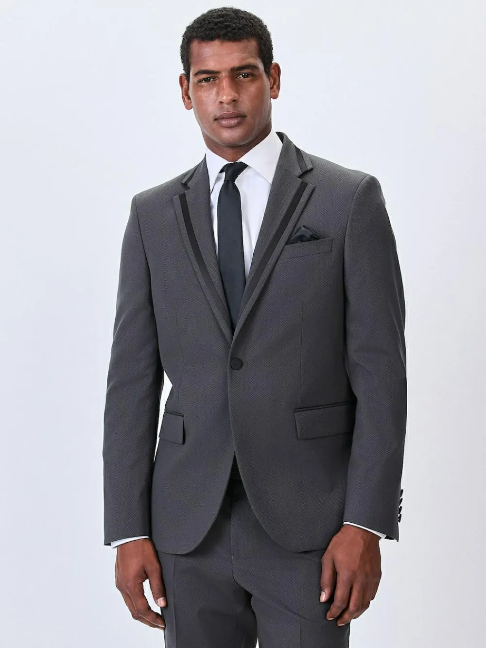 Next Charcoal Grey Skinny Fit Inset Lapel Detail Tuxedo Suit Jacket^ Grey Suits