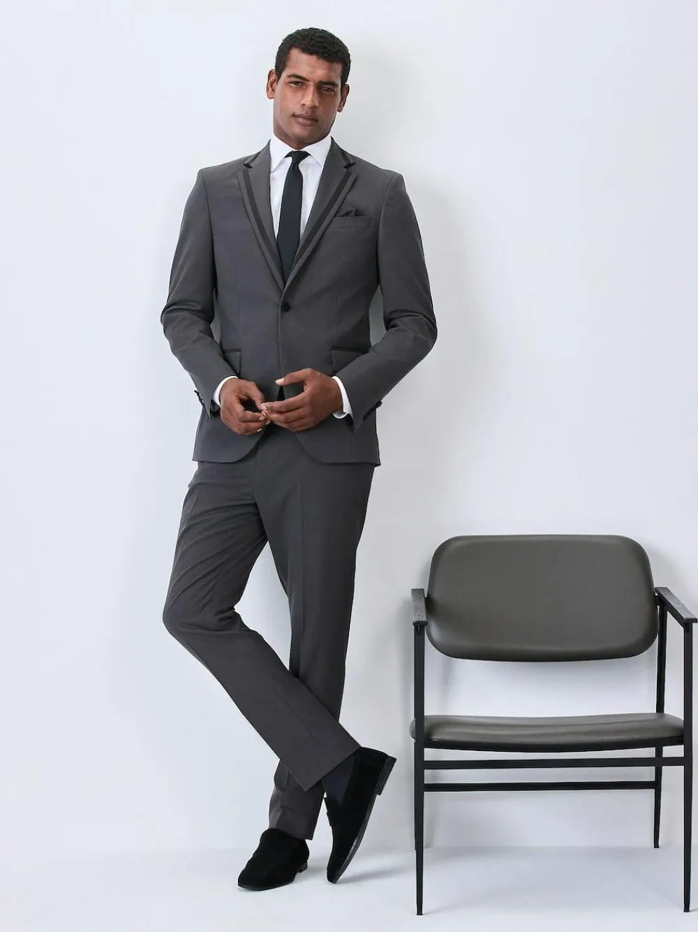 Next Charcoal Grey Skinny Fit Inset Lapel Detail Tuxedo Suit Jacket^ Grey Suits