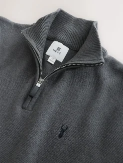 New Next Stag Logo N.Premium Regular Fit 100% Cotton Premium Quarter Zip Jumper Charcoal Grey