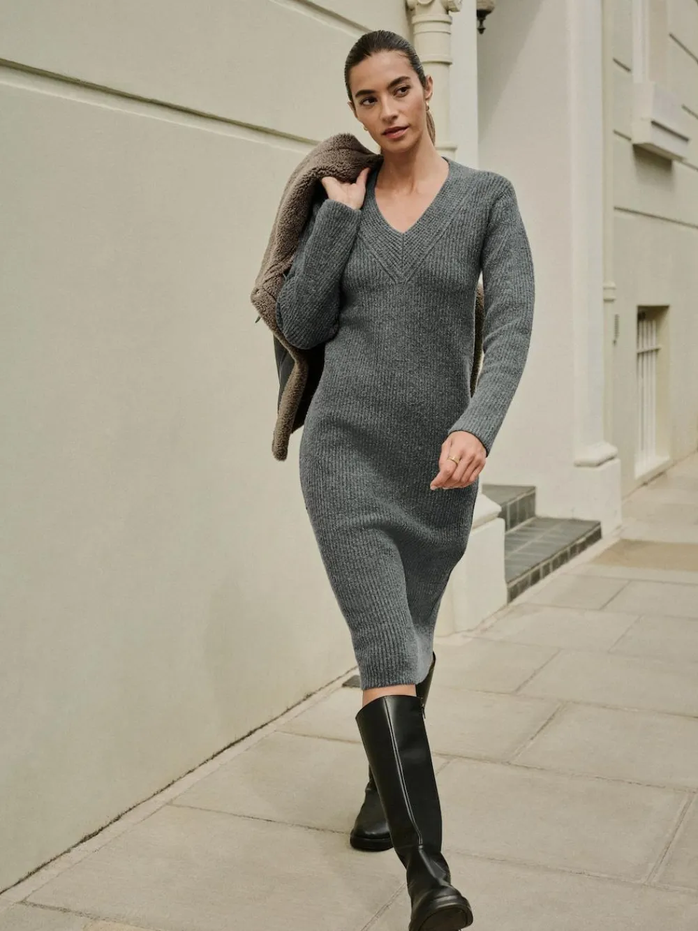 Best Next Super Soft V-Neck Midi Dress With Wool Charcoal Grey