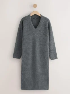 Best Next Super Soft V-Neck Midi Dress With Wool Charcoal Grey