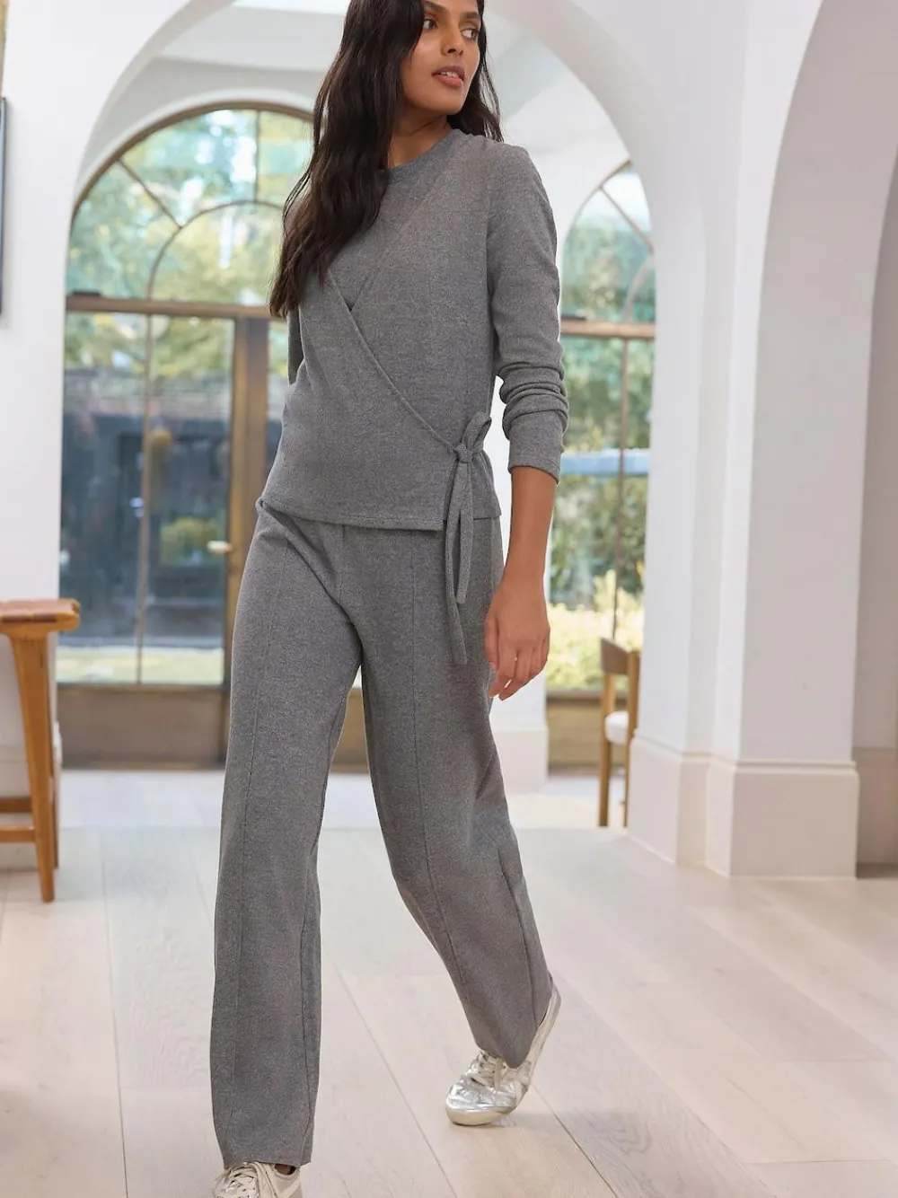 Discount Next Charcoal Grey Supersoft Cosy Rib Wide Leg Knitted Trousers