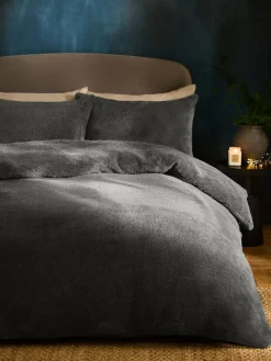 Online Next Charcoal Grey Teddy Fleece Duvet Cover and Pillowcase Set