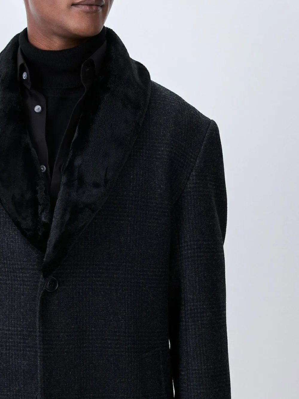 New Next Charcoal Grey Wool Rich Check Epsom Coat With Fur Trim Lapel