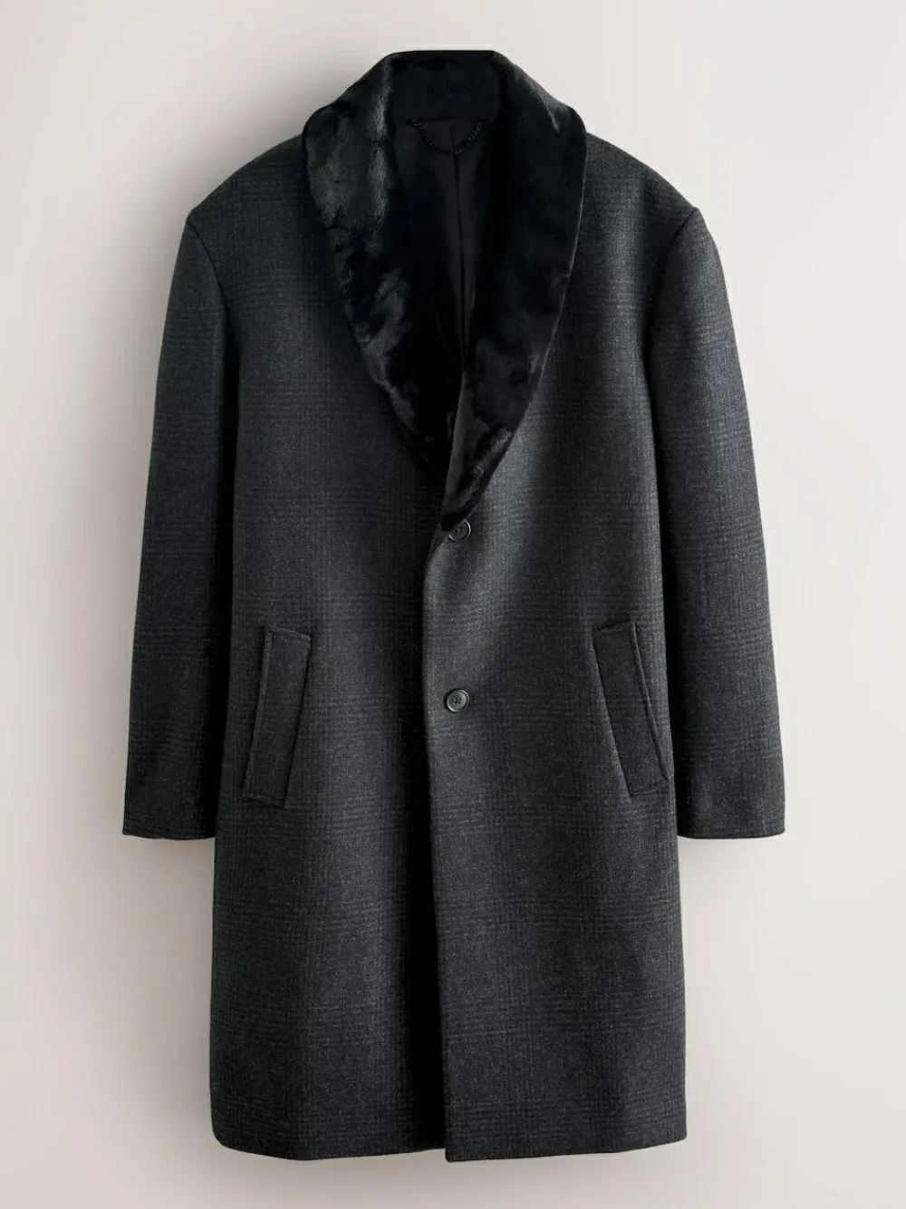 New Next Charcoal Grey Wool Rich Check Epsom Coat With Fur Trim Lapel
