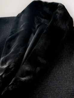 New Next Charcoal Grey Wool Rich Check Epsom Coat With Fur Trim Lapel