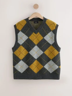 Next Charcoal Grey/Ochre Yellow Relaxed Fit Argyle Knitted V-Neck Tank with Wool^ Knitwear|Knitwear