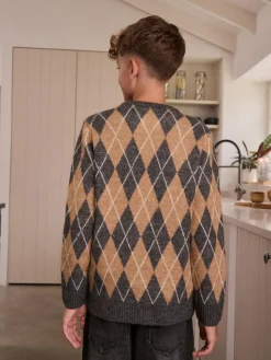 Outlet Next Knitted Crew Neck Jumper (3-16yrs) Charcoal Grey/Tan Brown Argyle