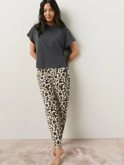 Next Charcoal Leopard Short Sleeve Pyjamas^Women Pyjamas|All Night & Lounge