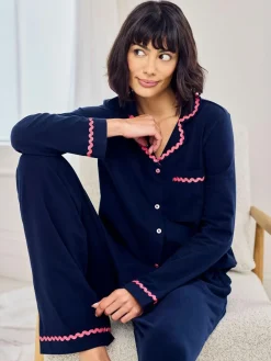 Chelsea Peers Blue Cotton Embroidered Good Morning Long Pyjamas Set^Women Pyjamas