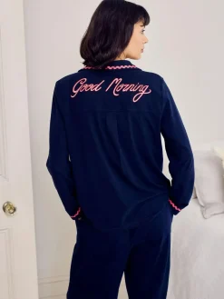 Chelsea Peers Blue Cotton Embroidered Good Morning Long Pyjamas Set^Women Pyjamas