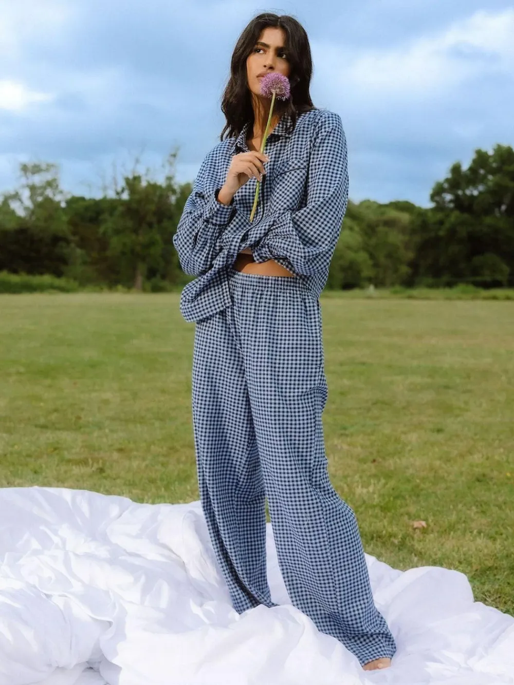 Hot Chelsea Peers Blue Cotton Gingham Check Long Pyjamas & Scrunchie Set