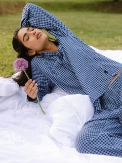 Hot Chelsea Peers Blue Cotton Gingham Check Long Pyjamas & Scrunchie Set