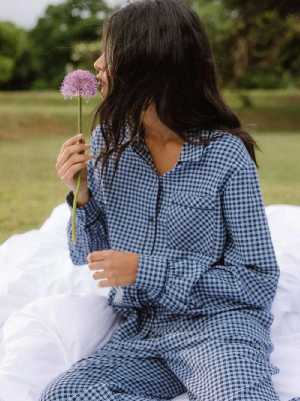 Hot Chelsea Peers Blue Cotton Gingham Check Long Pyjamas & Scrunchie Set