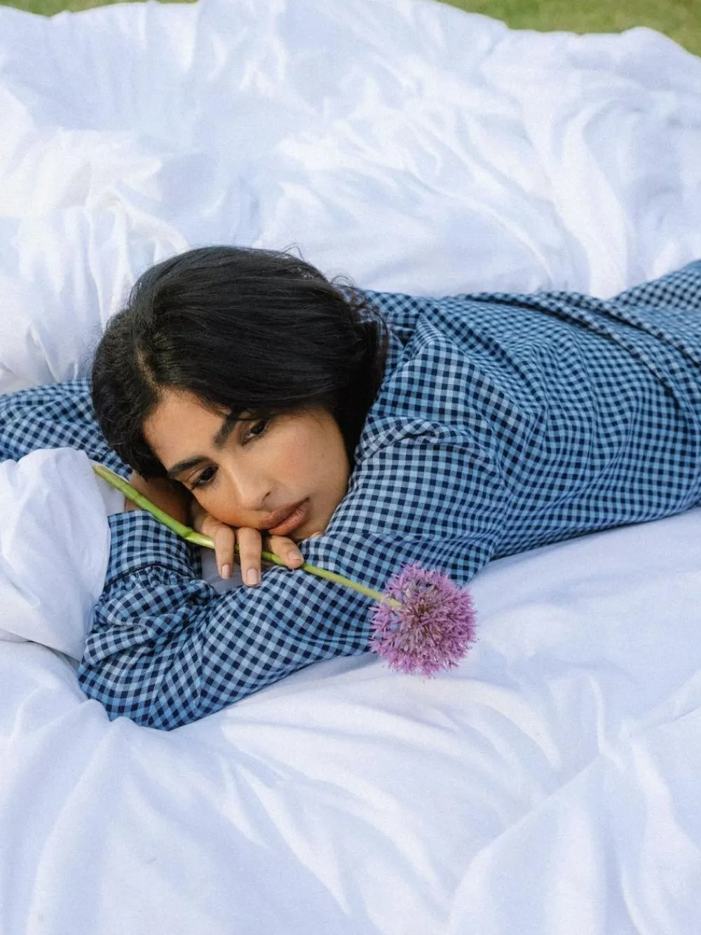 Hot Chelsea Peers Blue Cotton Gingham Check Long Pyjamas & Scrunchie Set