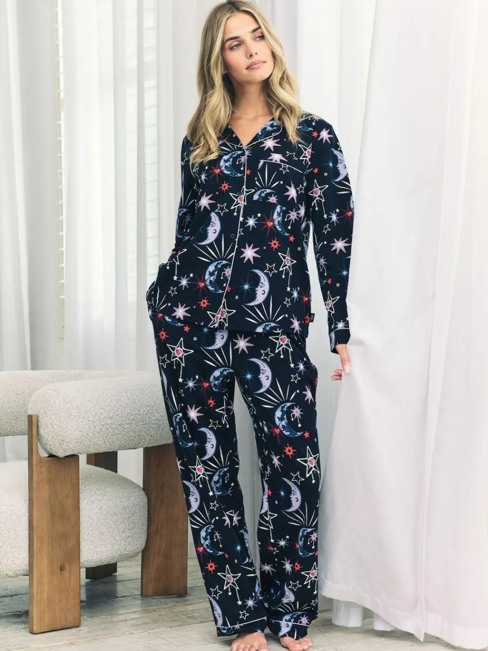 Chelsea Peers Blue Cotton Mystic Moon Print Long Pyjamas Set^Women All Night & Lounge|Pyjamas