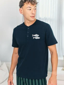 Chelsea Peers Blue Embroidered Fish Henley Stripe Long Pyjama Set^ Pyjamas