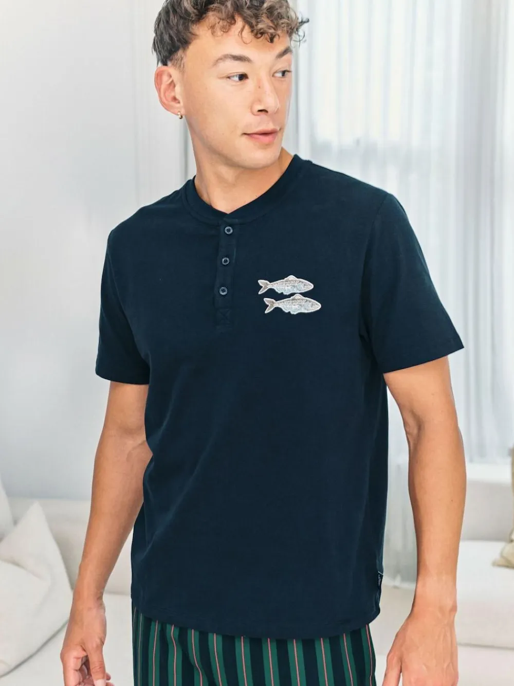 Chelsea Peers Blue Embroidered Fish Henley Stripe Long Pyjama Set^ Pyjamas