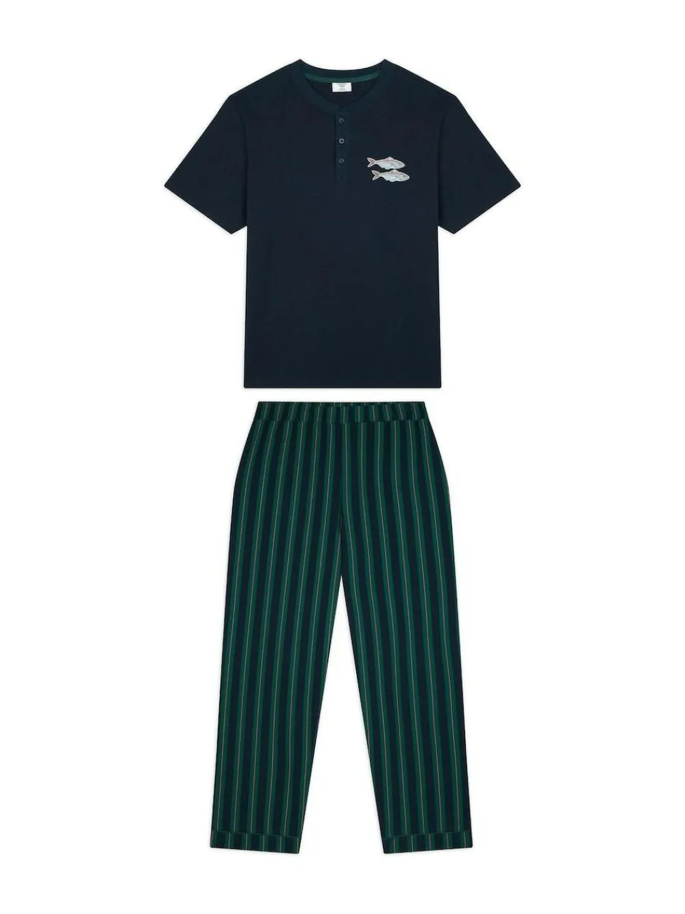 Chelsea Peers Blue Embroidered Fish Henley Stripe Long Pyjama Set^ Pyjamas