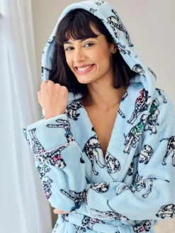 Chelsea Peers Blue Fleece Dalmatian Dogs Print Dressing Gown^Women Bathrobes