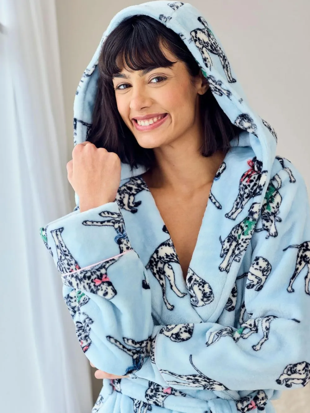 Chelsea Peers Blue Fleece Dalmatian Dogs Print Dressing Gown^Women Bathrobes