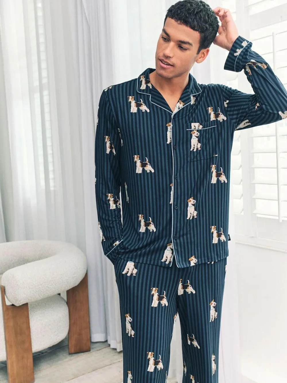Sale Chelsea Peers Blue Terrier Dog Stripe Print Long Pyjamas Set
