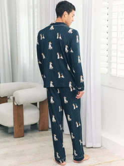Sale Chelsea Peers Blue Terrier Dog Stripe Print Long Pyjamas Set
