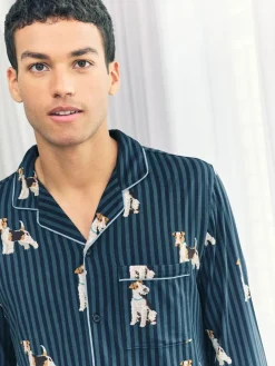 Sale Chelsea Peers Blue Terrier Dog Stripe Print Long Pyjamas Set