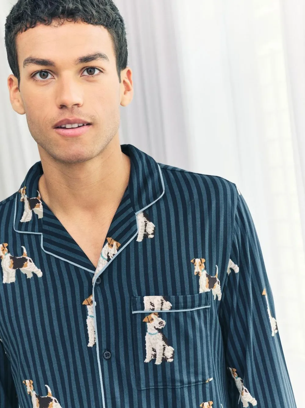 Sale Chelsea Peers Blue Terrier Dog Stripe Print Long Pyjamas Set