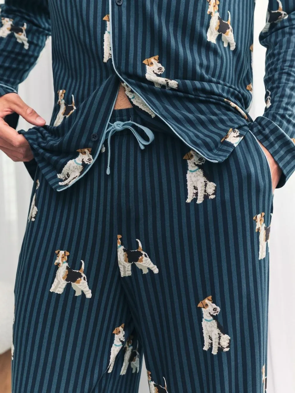 Sale Chelsea Peers Blue Terrier Dog Stripe Print Long Pyjamas Set