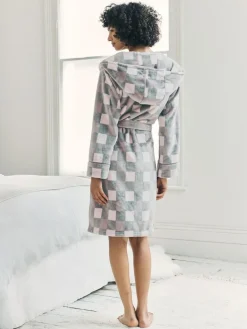 Chelsea Peers Cream Fleece Check Hooded Dressing Gown^Women Bathrobes