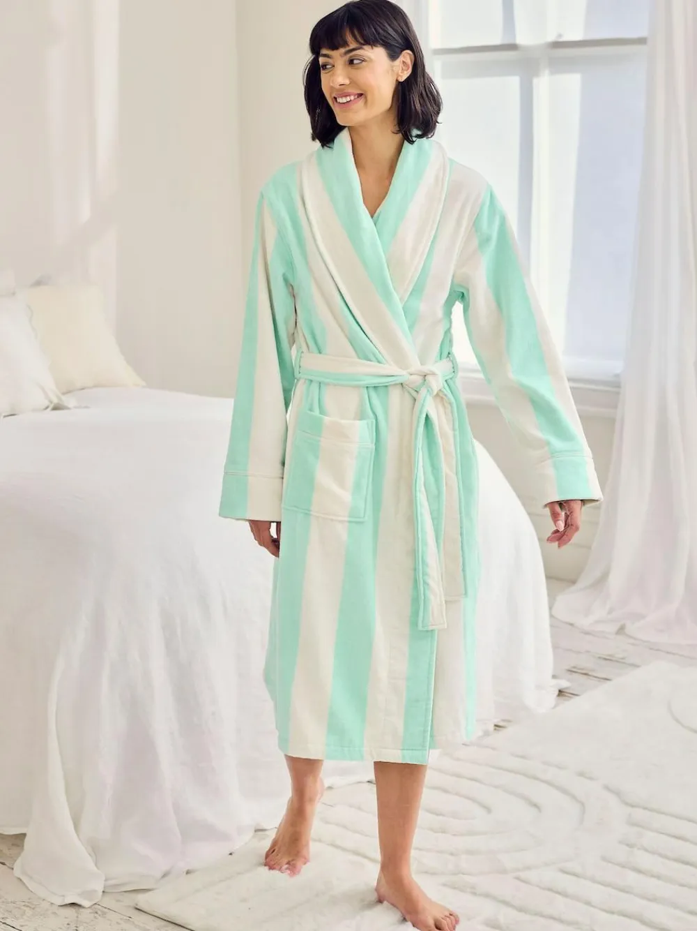 Chelsea Peers Green Cotton Towelling Stripe Dressing Gown^Women Bathrobes