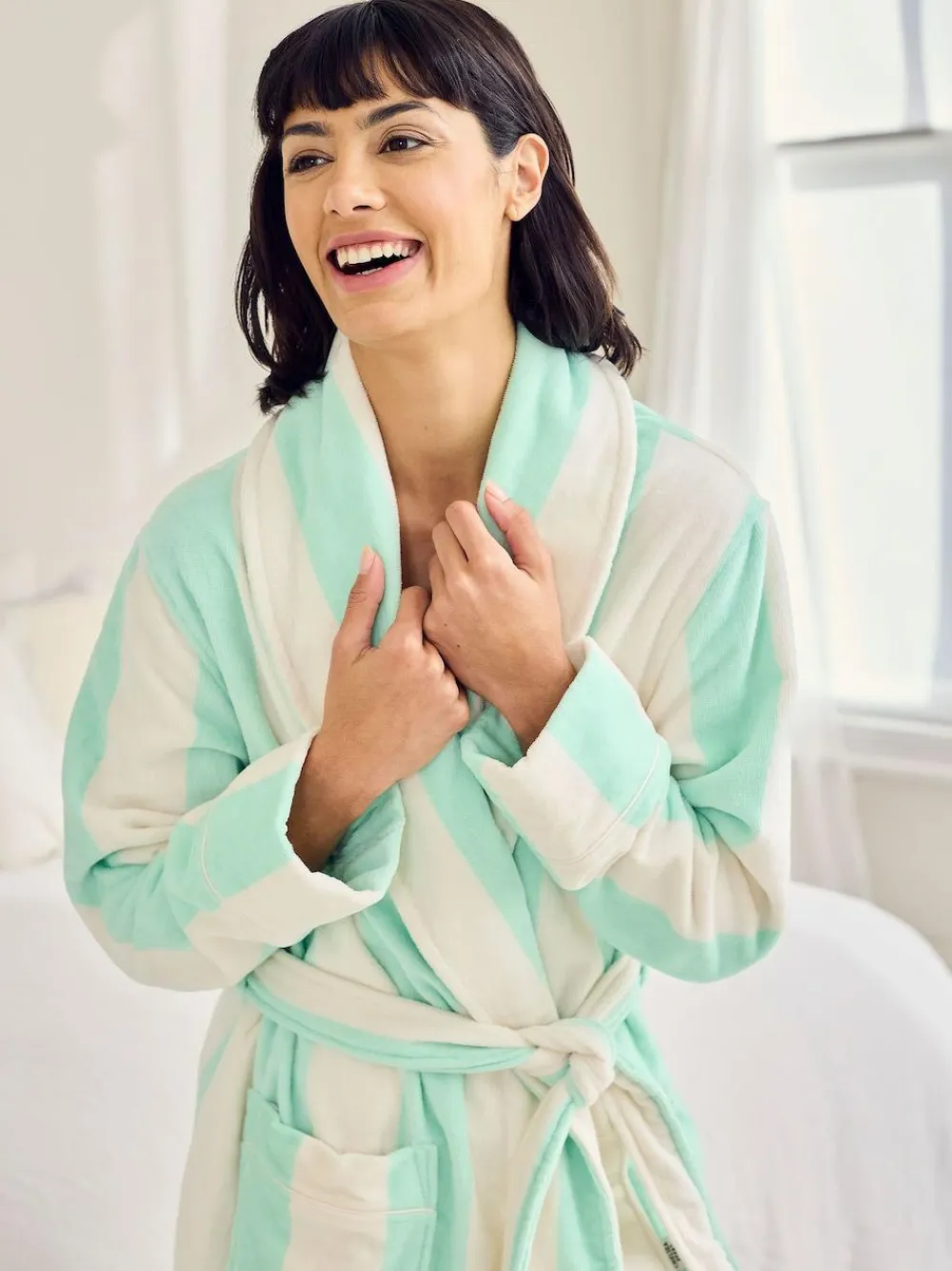 Chelsea Peers Green Cotton Towelling Stripe Dressing Gown^Women Bathrobes