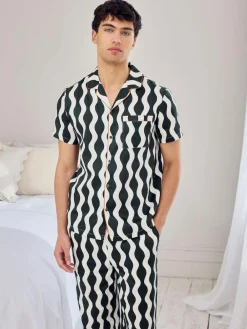 Chelsea Peers Green Cotton Poplin Wavy Stripe Long Pyjamas Set^ Pyjamas