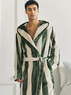Chelsea Peers Green Fleece Stripe Hooded Dressing Gown^ Bathrobe