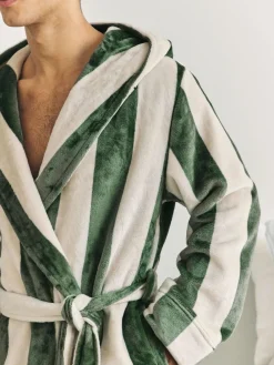 Chelsea Peers Green Fleece Stripe Hooded Dressing Gown^ Bathrobe