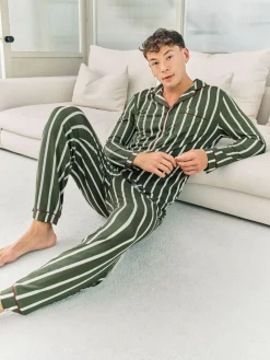 Chelsea Peers Green Stripe Button Up Long Pyjamas Set^ Pyjamas