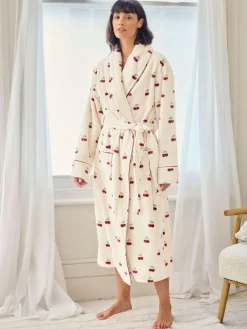 Hot Chelsea Peers Natural Fleece Cherry Print Long Dressing Gown