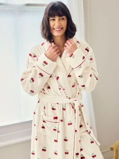 Hot Chelsea Peers Natural Fleece Cherry Print Long Dressing Gown